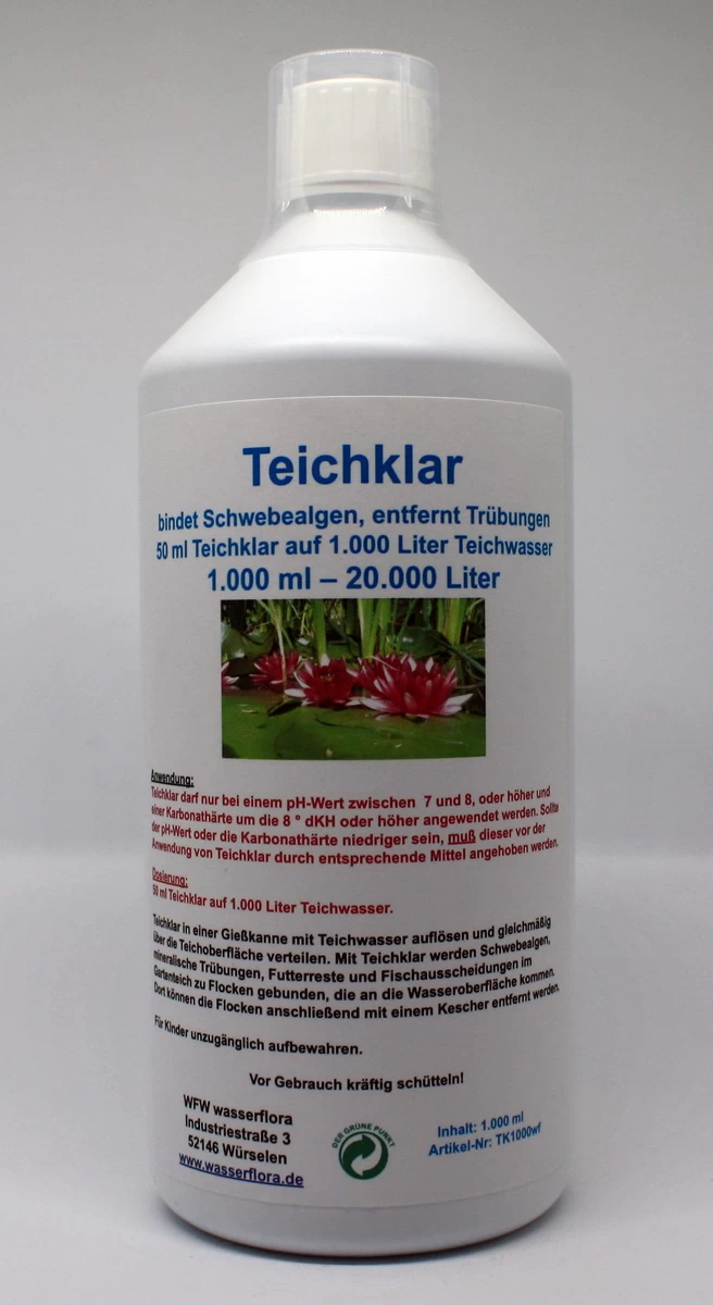1 Liter Teichklar - Bindet Schwebealgen, Entfernt Trübungen, Für 20.000 Liter Wasser 1 1 Liter Teichklar - Bindet Schwebealgen, Entfernt Trübungen, Für 20.000 Liter Wasser